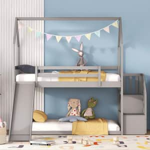 Twin Over Twin House Bunk Bed with Convertible Slide, Wood Bunk Bed Frame with Stairs and Roof for Kids, Teens, Gray