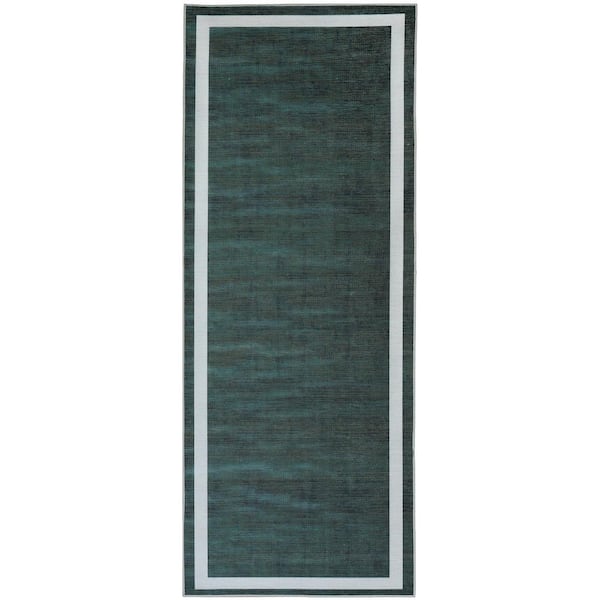 PLAYA RUG Everest Green Creme 2 ft. 8 in. x 8 ft. Machine Washable Geometric Modern Border Polyester Non-Slip Backing Area Rug