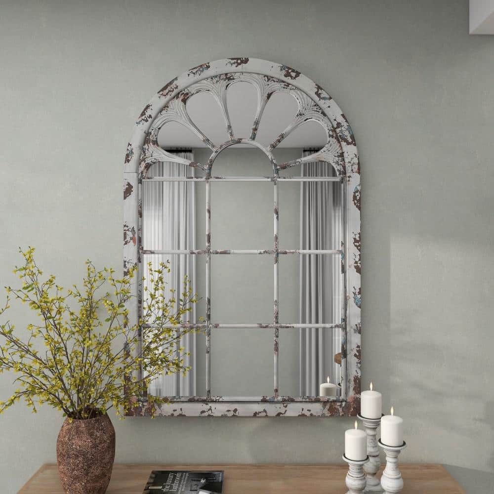 White Distressed Wood Arched Windowpane Wall Mirror