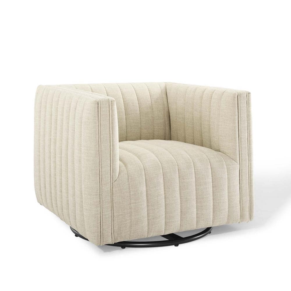 Beige Velvet Swivel Accent Chair with Wood Base