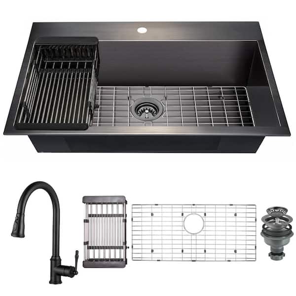 AKDY All-in-One Matte Black Finished Stainless Steel 30 in. x 18 in. Drop-In Single Bowl Kitchen Sink with Faucet