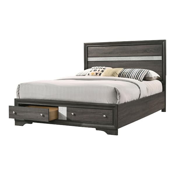 Ekon Gray Wood Frame King Platform Bed with 2-Foot Drawers