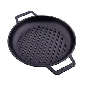 12 in. Seasoned Black Cast Iron Grill Skillet with Double Loop Handles