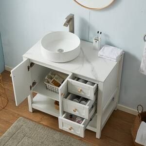 36 in. W x 20 in. D x 32 in. H Bathroom Vanity in White with White with Marble Top and vessel Ceramic Sink.