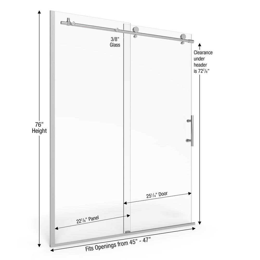 Vinesse 47" x 76" Frameless Clear Glass Shower Door with Brushed Nickel Finish
