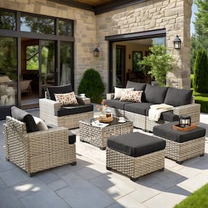 Kelley's 8-Piece Wicker Modern Outdoor Patio Conversation Sofa Seating Set with a LED Table and Black Cushions