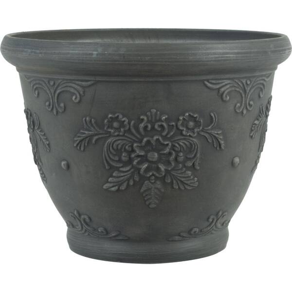 Pride Garden Products 12 in. Dia Floral Charcoal Plastic Planter