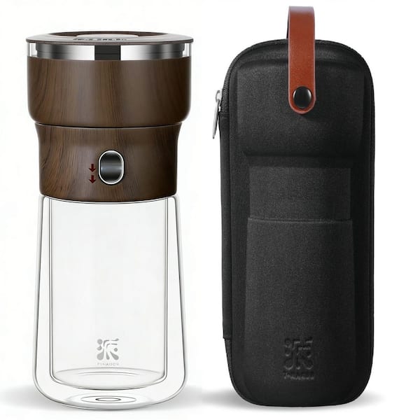 1.5-Cup Walnut Glass Teapot for Loose Tea Diffusers with Insulated Mug and Portable Tea Kits, Smart One Touch Tea Maker