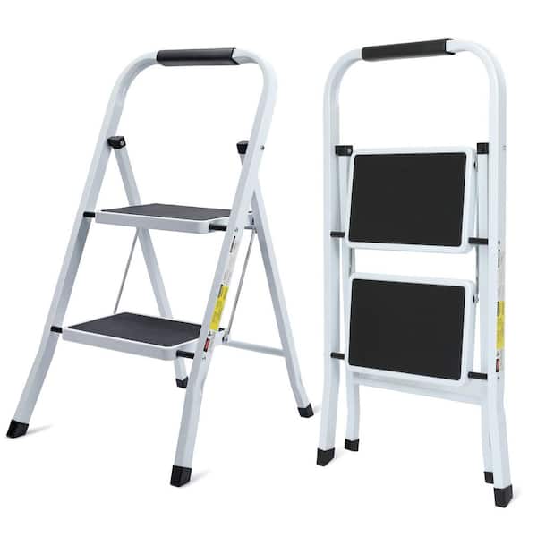 2-Step White Iron Ladder Foldable Non-Slip Outdoor Ladder Loading 330 lbs. for Home, Kitchen, Office