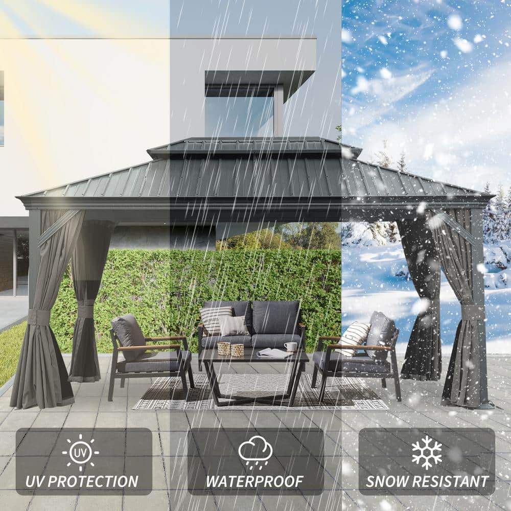 Gray Aluminum Hardtop Gazebo with Curtains and Netting, 12' x 16'