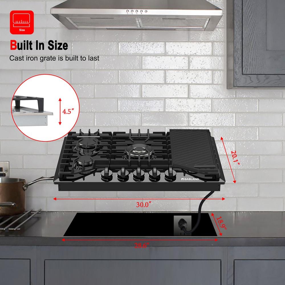 30 Inch Black Stainless Steel 5-Burner Gas Cooktop with Griddle