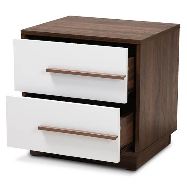 Baxton Studio Mette 2 Drawer White and Walnut Nightstand 157 9526