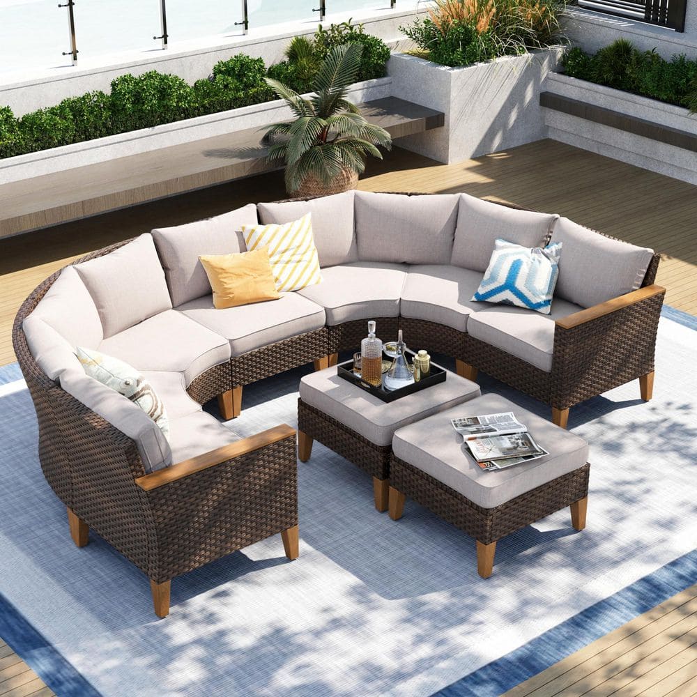 Brown Rattan Wicker 9 Seat 9-Piece Steel Patio Outdoor Sectional Set with Beige Cushions price history on PriceWatchPro
