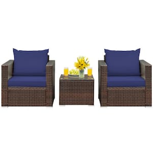 3-Piece Wicker Patio Conversation Set Rattan Furniture Set with Blue Cushions