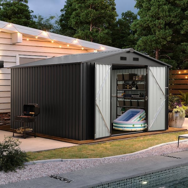 SUNMTHINK Black 10 ft. W x 10 ft. D Storage Metal Shed with Double