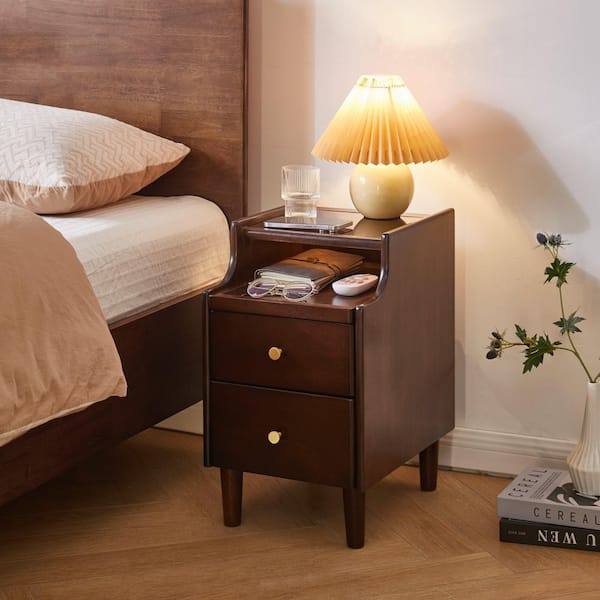 Alexis Walnut 11.81 in. W 2 Drawer Nightstand with Open Shelf