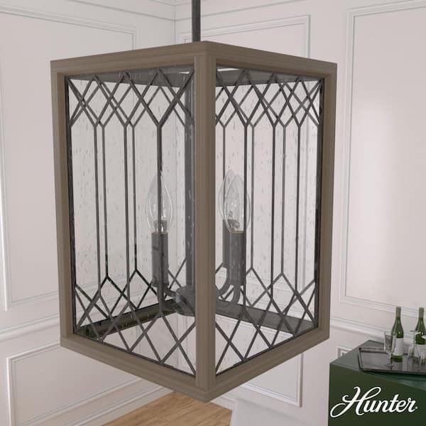 Hunter Chevron 4-Light Rustic Iron Island Pendant Light with Clear Seeded Glass Shade