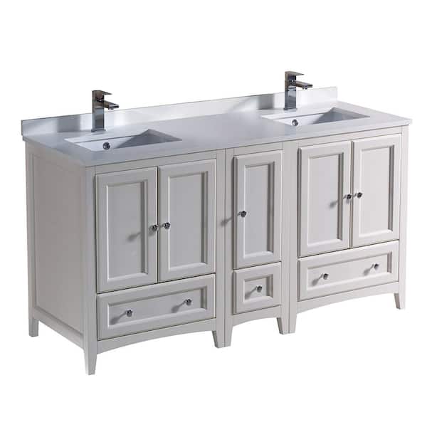 Fresca Oxford 60 in. Double Vanity in Antique White with Quartz Stone Vanity Top in White with White Basin with Side Cabinet