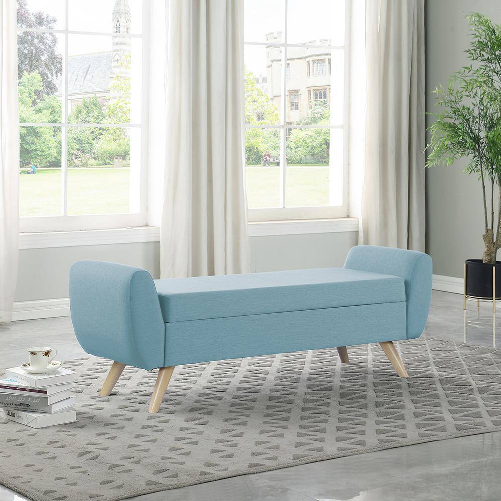 French Blue Upholstered Storage Bench with Wood Legs