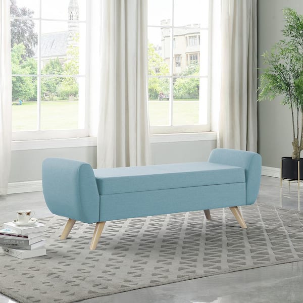 Homepop French Blue Woven 60 in. Bedroom Bench Backless with Storage and Wood Legs