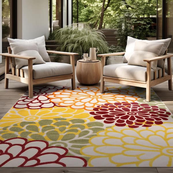 Oasis 7 ft. x 9 ft. Red Floral Indoor/Outdoor Area Rug