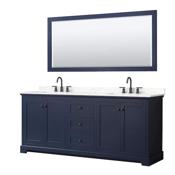 Wyndham Collection Avery 80 in. W x 22 in. D x 35 in. H Double Bath Vanity in Dark Blue with Giotto Quartz Top and 70 in. Mirror