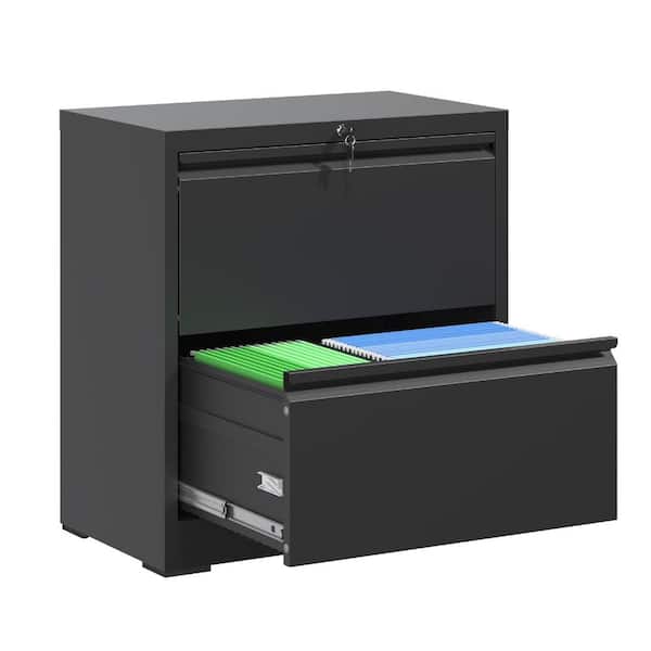 Black 2-drawer lateral file cabinet with bottom drawer open showing files.