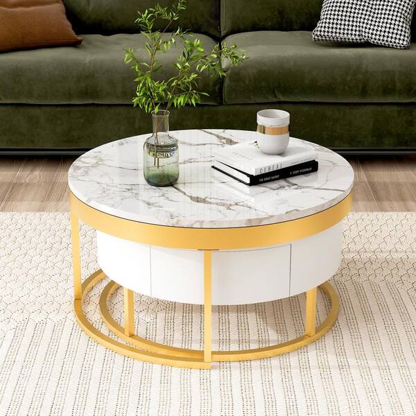 Round Nesting Coffee Table Set of 2 Modern Cocktail Table with Metal Frame  for Living Room Small Spaces White and Gold(Desktop Size 28+20)