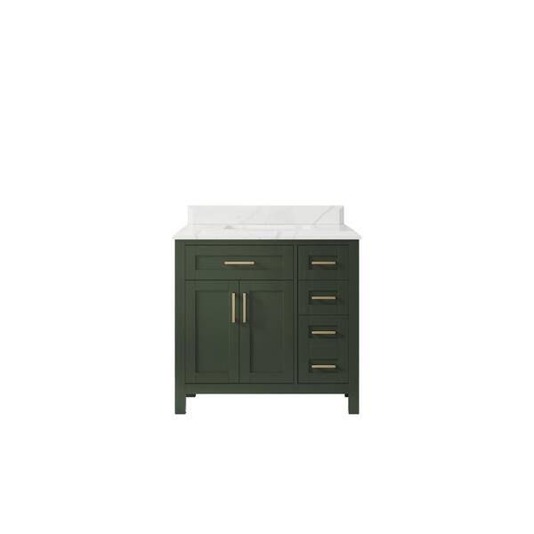Willow Collections Cambridge 36 in. W x 22 in. D x 36 in. H Center Sink Bath Vanity in Pewter Green with Cove Edge Calacatta Top