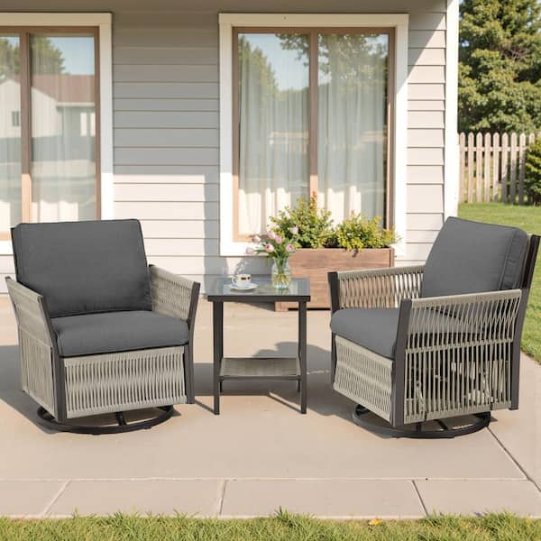 3-Piece Wicker Patio Conversation Set Outdoor Swivel Chairs with Dark Gray Cushions and Table