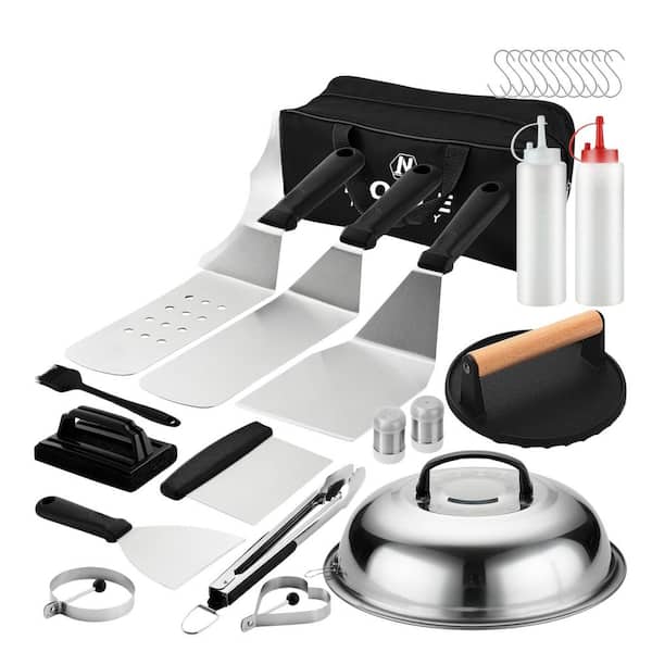 27-Piece Stainless Steel Griddle and BBQ Accessories Set – Spatulas, Burger Press, Tongs, Melting Dome