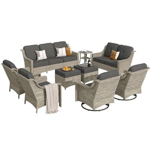 Eureka Gray 9-Piece Wicker Modern Outdoor Patio Conversation Sofa Seating Set with Swivel Chairs and Black Cushions