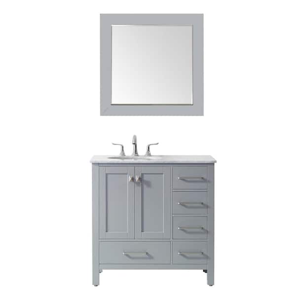 ROSWELL Gela 36 in. W x 22 in. D Bath Vanity in Gray with Marble Vanity Top in White with White Basin, Faucet and Mirror