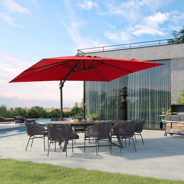 11.5 ft. x 9 ft. Rectangular Aluminum Tilt Outdoor Cantilever Patio Umbrella 360° Rotation Umbrella in Red with Stand