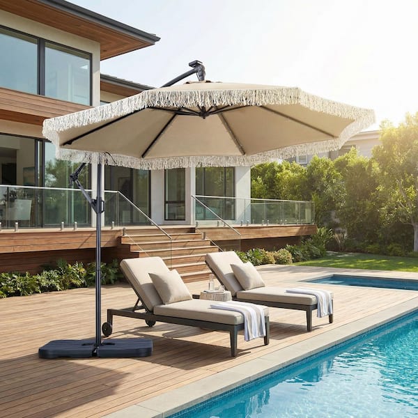 design patio umbrellas Clihome 10 ft. Offset Umbrella with 360° Rotation Removable Tassel Design for Patio Garden Outdoor Shade -Beige in Blue