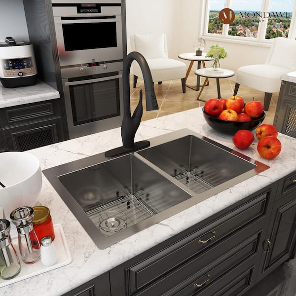 Single-Handle Dual Function Tulip High Arc Pull Down Sprayer Kitchen Faucet Deck Mount in Matte Black