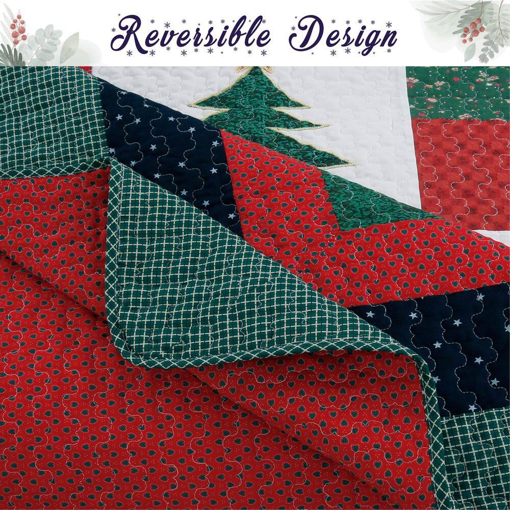 Red and Green Cotton Reversible Queen Quilt Set