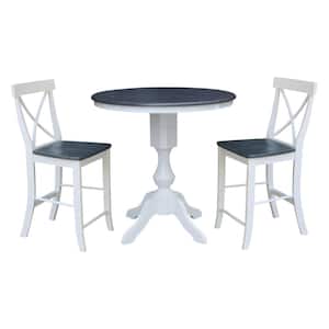 Set of 3-pcs - White/Heather Gray 36 in. Round Extension Dining table with 2 Counter Height Stools