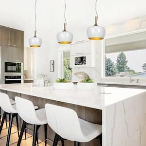 Modern Kitchen Island Pendant Light, 1-Light White & Brass Ceiling Light with Metal Shade