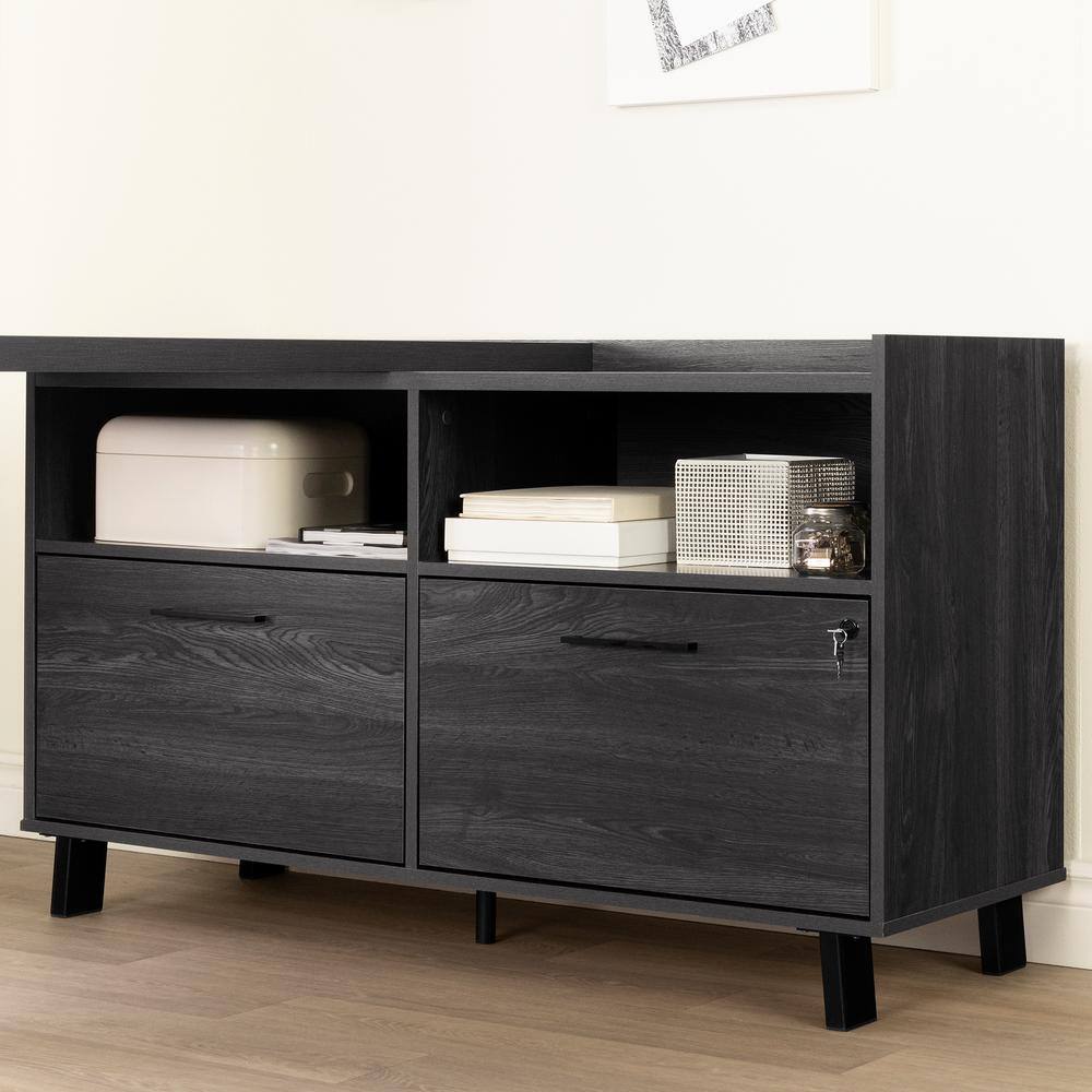 Gray Oak L-Shaped Computer Desk with Power Outlet and Filing Cabinet