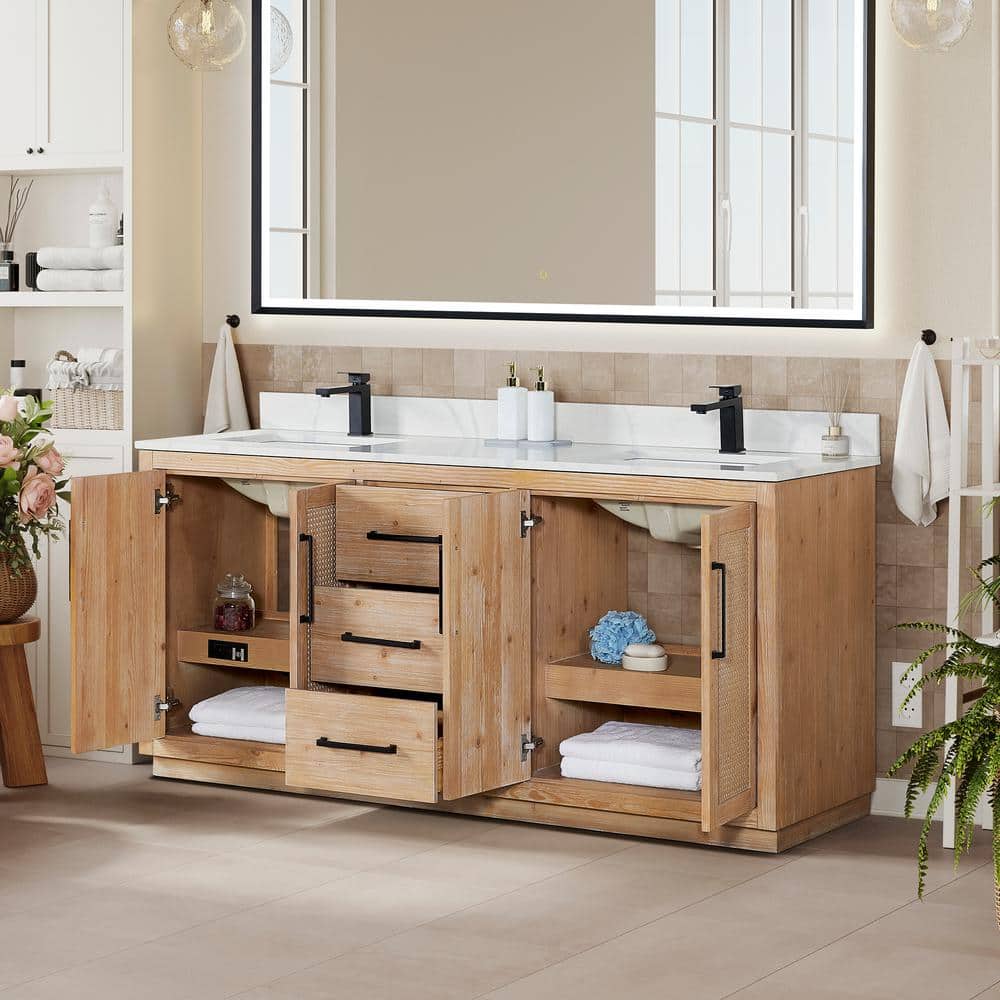 Light Brown Double Sink Freestanding Vanity with Rattan Doors and Quartz Top