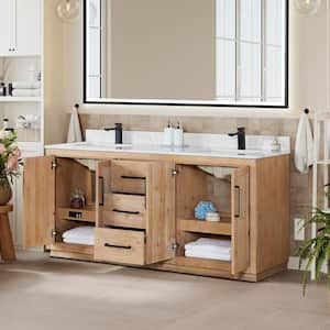 Floral 72 in. W x 22 in. D x 33 in. H Double Sink Freestanding Bath Vanity in Brown with Calacatta White Quartz Top