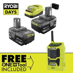 ONE+ 18V Lithium-Ion 4.0 Ah Compact Battery (2-Pack) and Charger Kit with FREE Cordless ONE+ Bluetooth Radio
