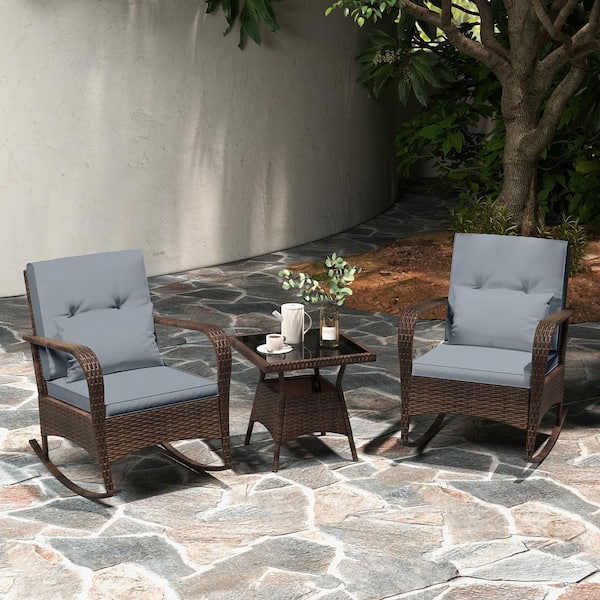 ANGELES HOME 3-Piece Wicker Patio Conversation Set Rocking Set with Gray Cushions Tempered Glass Coffee Table for Backyard Poolside