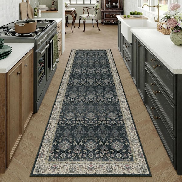 Shimmer Black 2 ft. x 8 ft. Washable Distressed Vintage Floral Runner Rug