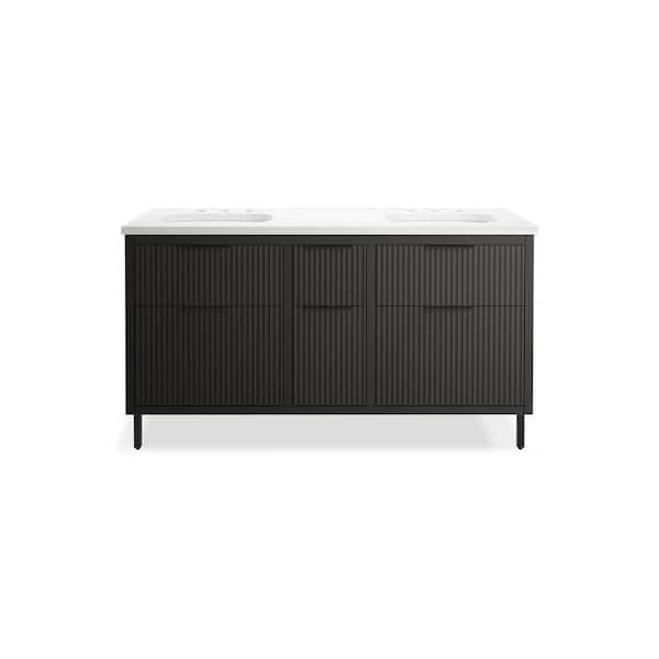 KOHLER Spacity 60in. Double Sink Floating Dark Steel Bath Vanity with White Quartz Top Assembled
