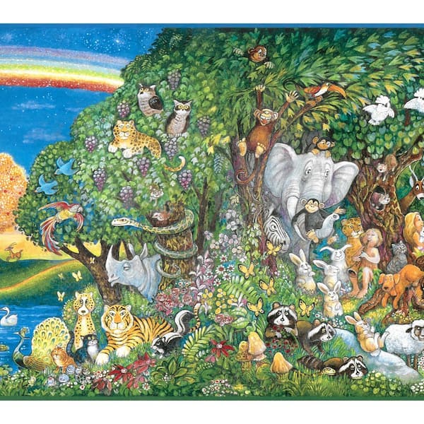 Dundee Deco Falkirk Brin Animals Paradise Blue, Green, Red, Yellow Wallpaper Border