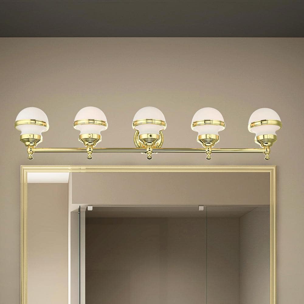 Polished Brass 5-Light Vanity with Satin Opal Glass