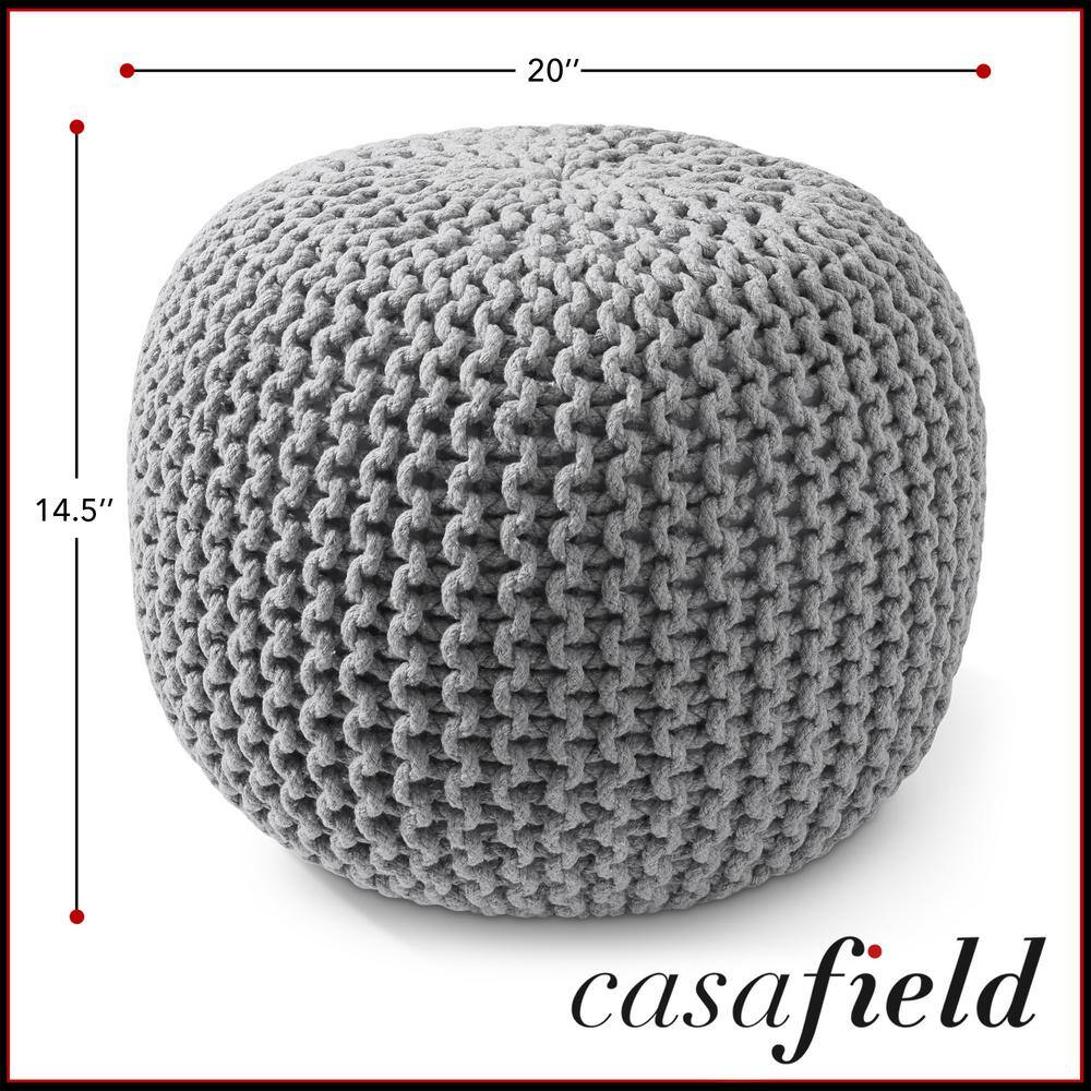 Light Gray Hand-Knitted Cotton Round Pouf Ottoman