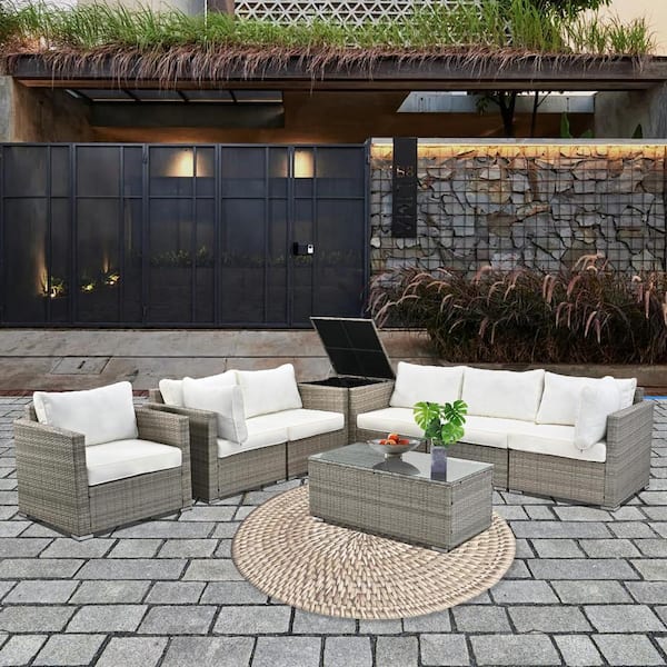 Cesicia 8-Pieces Gray Wicker Outdoor Sectional Set with Glass Coffee Table and Beige Cushions